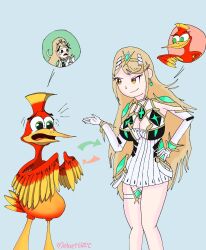 arrow banjo-kazooie bare_legs bird bird_girl blue_background body_swap breasts cleavage crossover earrings english_text evil_smile female_only femdom femsub furry gloves green_eyes happy_trance hombremorido kazooie legs long_hair mythra_(xenoblade) nintendo smile speech_bubble standing super_smash_bros. surprised tears text unhappy_trance xenoblade_chronicles xenoblade_chronicles_2 yellow_eyes