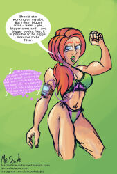  bikini bimbofication blue_eyes breast_expansion breasts dialogue disney earbuds exercise female_only femsub flexing green_lipstick hypnotic_audio kim_possible kim_possible_(series) lipstick midriff mr_scade orange_hair ponytail solo spiral spiral_eyes subliminal super_hero symbol_in_eyes tech_control text 