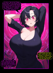  ai_art altered_common_sense breasts cleavage dialogue femsub huge_breasts maledom manip milf original spiral_eyes symbol_in_eyes tagme tech_control text tiechonortheal_(manipper) 