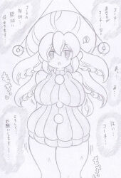 banshou bare_shoulders blush breasts character_request confused copyright_request femsub greyscale hat japanese_text large_breasts long_hair looking_at_viewer open_mouth pendulum solo speech_bubble symbol text thighs translation_request