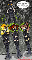 blonde_hair boots breasts brokenteapot brown_hair corruption dialogue empty_eyes femsub gas_mask gloves glowing glowing_eyes headphones large_breasts long_hair magic maledom mask mei_lin meryl_silverburgh metal_gear metal_gear_solid multiple_girls opera_gloves psycho_mantis short_hair sniper_wolf standing standing_at_attention text thigh_boots yellow_eyes