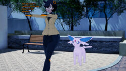  3d black_hair dark_skin emma_(pokemon) empty_eyes espeon femsub hypnotized_walking nintendo pokemon short_hair sonrio12 text zombie_walk 