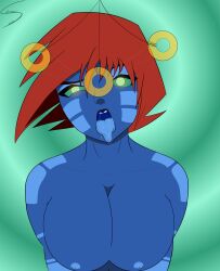 absurdres ahegao alien_girl blue_skin breasts cleavage female_only femsub green_eyes green_sclera hypnotic_eyes kassidy_(medrifogmatio) large_breasts nipples open_mouth original pendulum red_hair short_hair signature solo spiral_background tagme thesalazar tongue tongue_out topless
