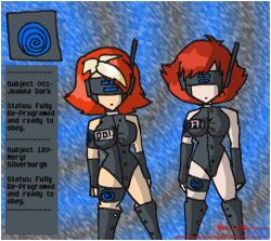 antenna breasts brokenteapot expressionless female_only femsub headphones hypnotic_accessory joanna_dark large_breasts meryl_silverburgh metal_gear metal_gear_solid multicolored_hair perfect_dark red_hair short_hair spiral standing standing_at_attention tech_control text visor