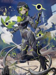  3d absurdres alternate_costume androgynous_dom barefoot belle_(zenless_zone_zero) black_hair black_sclera breasts complex_background corruption earrings ethereal_(zenless_zone_zero) evil_smile eye_color_change femsub finalizer14 green_eyes green_hair hair_color_change looking_at_viewer multicolored_hair nautilic non-binary_dom orb parasite possession slime smile symbiote tentacles zenless_zone_zero 