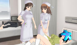 3d 3d_custom_girl bed brown_hair dress femsub hat lying multiple_girls nurse original parasite