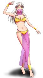  anklet bare_shoulders barefoot bracelet breasts choker cleavage collar dancing empty_eyes feet femsub fire_emblem fire_emblem_radiant_dawn glowing_eyes gold happy_trance harem_outfit large_breasts long_hair micaiah navel nintendo see-through soex veil white_background white_hair yellow_eyes 