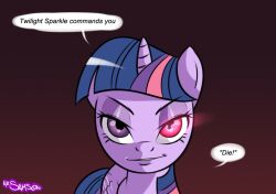  animals_only code_geass death femdom geass horse hypnotic_eyes long_hair looking_at_viewer mr-samson multicolored_hair my_little_pony pov straight-cut_bangs text twilight_sparkle 