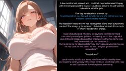 ai_art bad_end bare_shoulders blonde_hair breasts chastity femdom financial_domination goddess malesub manip pov_sub sisters text