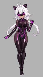  ahoge animal_ears bodysuit boots breasts budesonide collar cuffs dark_skin erect_nipples erect_nipples_under_clothes fake_animal_ears female_only femsub grey_background latex mask original rubber simple_background small_breasts smile solo standing twintails white_hair 