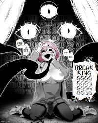  abigail_williams abscord breasts breasts_outside clothed corruption eldritch english_text faceless fate/grand_order fate_(series) hand_on_head large_breasts mashu_kyrielight multiple_eyes nightmare_fuel nipples open_mouth pantyhose pussy_juice shirt short_hair speech_bubble text third_eye transformation trembling yog-sothoth 