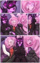  arya_(snowylight) bodysuit breasts bubble clothed comic crossed_arms demon_girl drool english_text female_only femsub happy_trance hypnotic_clothing hypnotic_mask hypnotized_walking kitsune_girl large_breasts latex long_hair mask multiple_girls multiple_subs multiple_tails open_mouth original pink_hair purple_hair short_hair sitting smile snow_(snowylight) spartly spiral_eyes spiralwash_eyes tagme text tight_clothing tongue tongue_out tracy_the_bubble_succubus_(mariofan897) white_hair 
