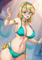  armpits bare_legs bikini blonde_hair blue_eyes breasts cameltoe circlet cleavage collar collarbone dancing earrings eyeshadow female_only femsub gina_diggers glasses gold_digger hadant hair_band jewelry large_breasts makeup nail_polish navel open_mouth short_hair smile standing symbol_in_eyes thigh_gap 