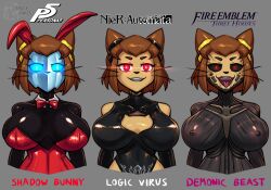  blue_eyes bow_tie breasts brown_hair bunny_ears cat_ears cat_girl corruption female_only femsub fire_emblem fire_emblem_three_houses gameoverse glowing glowing_eyes happy_trance kit_bodega_(gameoverse) leotard mask multiple_methods_of_hypnosis nier_automata nipples persona_(series) persona_5 possession red_eyes shadow_bunny signature smile spacen'cake tagme tech_control topless transformation virus 