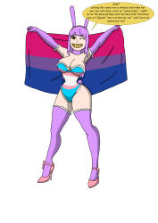  absurdres alternate_costume bisexual breasts bunny_ears bunny_girl cleavage clothed crossover dialogue dress english_text evelyn_claythorne eye_color_change femsub gloves high_heels jax_(the_amazing_digital_circus) large_breasts long_hair maledom meta_runner nightmare_fuel opera_gloves possession pride_colors purple_hair simple_background skinsuit smile speech_bubble tail text the_amazing_digital_circus thighhighs thighs twilightjester white_background wink yellow_sclera 