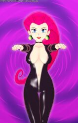  3d blue_eyes bodysuit breasts choker collarbone earrings empty_eyes female_only femsub jessie large_breasts latinkaixa lipstick long_hair makeup navel nintendo open_mouth pokemon pokemon_(anime) red_hair red_lipstick signature solo spiral spiral_background standing thigh_gap very_long_hair zipper zombie_walk 