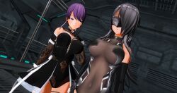 3d baldmen4 black_hair breasts cuffs custom_maid_3d_2 empty_eyes expressionless female_only femdom femsub gloves hair_covering_one_eye large_breasts leotard long_hair multiple_girls navel opera_gloves purple_eyes purple_hair see-through skirt smile standing standing_at_attention tech_control tied_hair visor