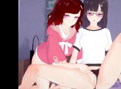 3d ai_(lustful_sin) bed bottomless cleavage clothed female_only glowing_eyes hana_(lustful_sin) jacket large_breasts looking_at_viewer lustful_sin panties panty_pull pink_eyes spread_legs underwear yuri