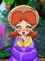  ahegao alternate_costume breast_fondling breast_grab coils consensual dialogue earrings femsub groping happy_trance hat jungle kaa_eyes large_breasts nintendo princess princess_daisy ring_eyes snake super_mario_bros. tail text thescaletrain tongue tongue_out 