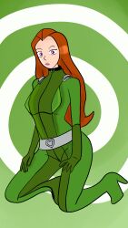 absurdres bodysuit catsuit clothed collar empty_eyes expressionless female_only femsub high_heels kneeling long_hair purple_eyes red_hair sam simple_background solo spiral_background succubae totally_spies