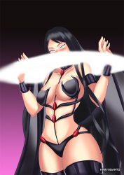 black_hair blush breasts castlevania corruption female_only gradient_background hadant large_breasts long_hair magic shanoa shrunken_irises signature simple_background solo transformation watermark wings