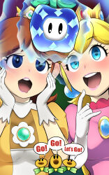  blonde_hair blue_eyes blush brown_hair crown dress empty_eyes eyebrows_visible_through_hair female_only femsub finger_to_mouth gameplay_mechanics gloves hand_on_head happy_trance hypnotic_flower jewelry lipstick makeup multiple_girls multiple_subs nintendo open_mouth opera_gloves pink_lipstick princess princess_daisy princess_peach shinya smile speech_bubble super_mario_bros. super_mario_bros._wonder tagme talking_flower text 