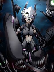 black_hair blood breasts corruption eyepatch fangs femsub glowing glowing_eyes kantai_collection large_breasts mask ogawa_shou personification short_hair tenryuu_(kantai_collection) torn_clothes