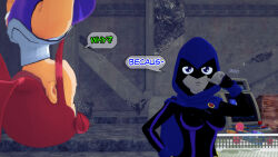 altered_common_sense aware cloak clothed confused dc_comics dialogue dogdog english_text female_only femsub floating goth grey_skin multiple_girls purple_eyes raven red_hair starfire text thumb_sucking