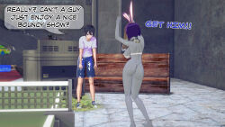 angry ass ass_focus aware black_hair body_control bouncing_breasts breasts clothed dancing dc_comics dialogue dogdog english_text femsub goth grey_skin harem_outfit maledom nude purple_hair raven text