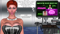 3d altered_common_sense bald cleavage computer corset dialogue earrings empty_eyes english_text expressionless femsub hot_paradise hypnoman lipstick maledom necklace open_mouth red_hair short_hair speech_bubble tech_control text whitewash_eyes