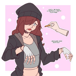  absurdres beanie border brown_hair cassie_(deepsleepremrem) dollification dollwess ef-nsfw english_text female_only femdom femsub fingerless_gloves gloves green_eyes hair_covering_one_eye hat lipstick makeup multiple_girls original pink_background puppetization red_hair simple_background surprised text 