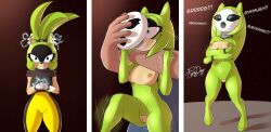  before_and_after blue_eyes bodysuit bottomless breasts breasts_outside cleavage_cutout collar comic crotch_cutout doll dollification electricity eyelashes femdom femsub furry glowing_eyes green_hair high_heels instant_loss mask nipple_piercing nipples open_mouth pants pussy shrunken_irises signature simple_background sonic_the_hedgehog_(series) surge_the_tenrec tank_top tenrec_girl text thepsychodog 
