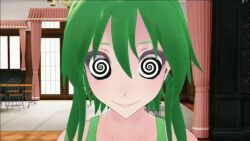  3d animated animated_eyes_only animated_gif bare_shoulders clothed female_only femsub green_hair gumi happy_trance helenahunter miku_hypno smile solo spiral_eyes symbol_in_eyes vocaloid 
