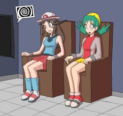  brown_eyes brown_hair chair dazed eyes_held_open green_hair kris leaf_(pokemon) long_hair mythkaz nintendo open_mouth pokemon pokemon_firered_and_leafgreen pokemon_gold_silver_and_crystal resisting restrained sitting spiral_eyes tech_control unhappy_trance 