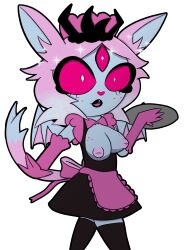  alternate_costume black_lipstick breasts cat_girl emberlynn_pinkle empty_eyes expressionless femsub furry helluva_boss inverted_nipples maid maid_headdress monster_girl multicolored_hair open_clothes tail tcross transparent_background 