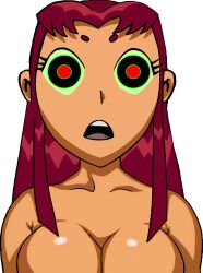  breasts cleavage dc_comics femsub green_eyes huge_breasts nude open_mouth red_eyes red_hair shiny_hair shiny_skin starfire teen_titans 