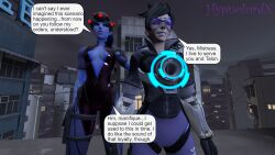 3d blue_skin breasts brown_hair corruption dialogue female_only femdom femsub happy_trance hypnolordx long_hair overwatch ponytail short_hair smile source_filmmaker standing standing_at_attention symbol_in_eyes text tracer widowmaker