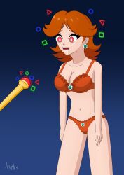 absurdres bra breasts brown_hair cleavage drool earrings female_only femsub glowing glowing_eyes happy_trance hypno_apophis jewelry magic_wand nintendo open_mouth panties princess princess_daisy red_eyes super_mario_bros. underwear