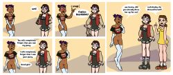 avabluecat breasts cleavage clothed_exposure comic covering dark_skin dress embarrassed femdom femsub gloves happy_trance large_breasts mollie_(avabluecat) navel original pussy standing text zoe_(avabluecat)