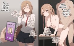  ai_art asuna before_and_after blush braid breasts brown_eyes brown_hair closed_eyes dialogue doggy_style empty_eyes faceless_male femsub guilegaze_(generator) guilegaze_(manipper) leaning_forward long_hair netorare nipples nude phone sex shirt skirt standing sword_art_online table tech_control text tie unaware vaginal 