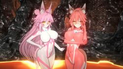  3d animal_ears bangs before_and_after bodysuit breasts earrings female_only glasses hair_buns koikatsu! large_breasts looking_at_viewer multiple_girls original personification pink_hair red_hair reverserain1999 smile standing ultraman very_long_hair wide_hips yellow_eyes 