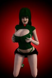 3d beyond_rubies bimbofication breast_grab breasts collar female_only femsub green_eyes green_hair happy_trance kathy_(theheckle) large_breasts original solo sweater theheckle