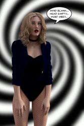 3d black_canary blonde_hair choker dc_comics dialogue drool female_only femsub fishnets solo speech_bubble spiral spiral_eyes super_hero symbol_in_eyes text theheckle