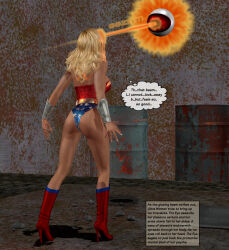 3d ass ass_focus bare_shoulders beam blonde_hair boots bracers breasts corruption female_only femsub high_heels ladytania leotard long_hair original resisting solo standing super_hero text thought_bubble ultra_woman