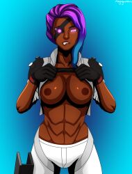  abs absurdres alternate_costume alternate_hair_color alternate_hairstyle breasts breasts_outside dark_skin female_only femsub gloves glowing glowing_eyes league_of_legends lip_biting long_hair megaguardain mole multicolored_hair muscle_girl navel pink_eyes purple_hair samira shirt_lift solo 