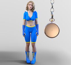 3d blonde_hair boots cape female_only fingerless_gloves gloves makeup mcrocks midriff original pocket_watch solo super_hero unhappy_trance white_background