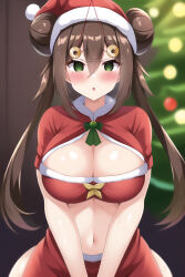  ai_art blush breasts brown_hair christmas christmas_tree cleavage coin double_hair_bun empty_eyes female_only femsub hair_buns huge_breasts large_hips long_hair looking_at_viewer manip misterman4_(manipper) nintendo open_mouth pendulum pokemon pokemon_black_and_white_2 rosa_(pokemon) santa_costume santa_hat skirt stable_diffusion_(ai) sweat tagme twintails 