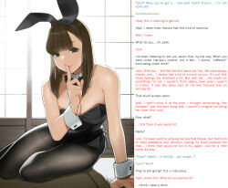  breasts brown_hair bunny_ears bunnysuit caption cuffs fake_animal_ears femsub large_breasts legs looking_at_viewer manip pantyhose pet_play pov tech_control text themodrenman_(manipper) yomu_(sgt_epper) 