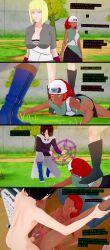  3d absurdres blonde_hair censored crotch_tattoo cyanstargazer dark_skin dialogue empty_eyes english_text femsub heterosexual hypnotic_magic karui large_breasts legs_up long_hair magic magic_circle maledom naruto_(series) on_back outdoors red_hair samui sex short_hair text 