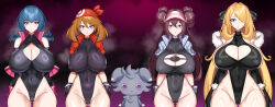 absurdres bandana blonde_hair breasts brown_hair cameltoe cleavage cynthia double_hair_bun erect_nipples_under_clothes espurr femsub gloves green_eyes grey_eyes hair_covering_one_eye hair_ornament hat huge_breasts jacket leotard may multiple_girls multiple_subs nez-box nintendo pokemon pokemon_(creature) pokemon_black_and_white_2 pokemon_diamond_pearl_and_platinum pokemon_heartgold_and_soulsilver pokemon_ruby_sapphire_and_emerald rosa_(pokemon) sabrina short_hair shrunken_irises simple_background standing standing_at_attention twintails very_long_hair